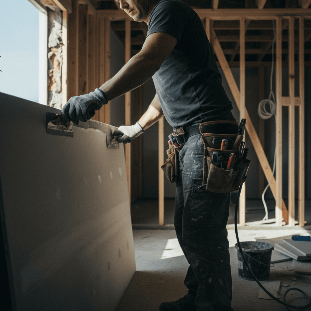 Worker in work gloves and hard hat carefully removing drywall from an interior wall
