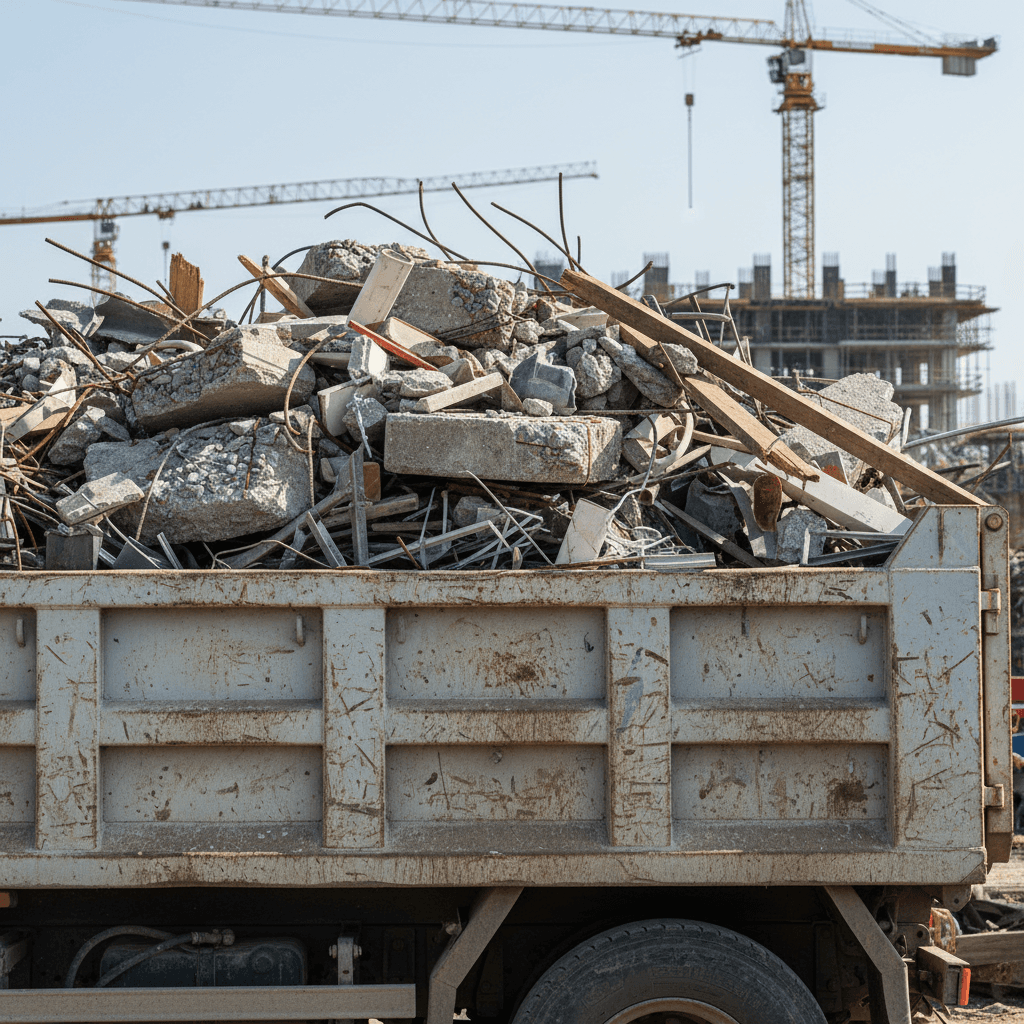 Dump trailer packed with construction debris ready for haul-off in Indio