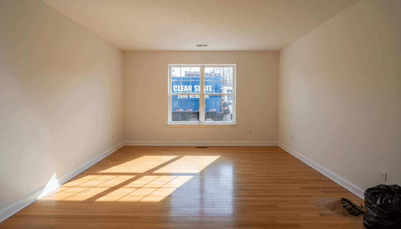 Interior room stripped down to studs and subfloor after a complete tear-out