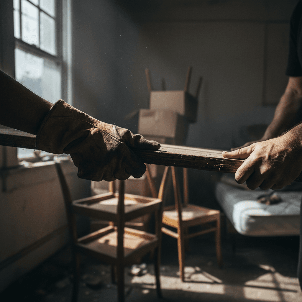 Gloved hand gripping a fence plank during demolition